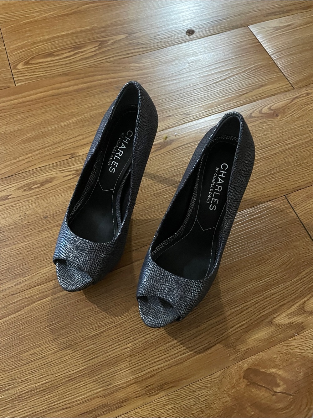 Charles by Charles David Metallic Pewter Open-Toe Heels